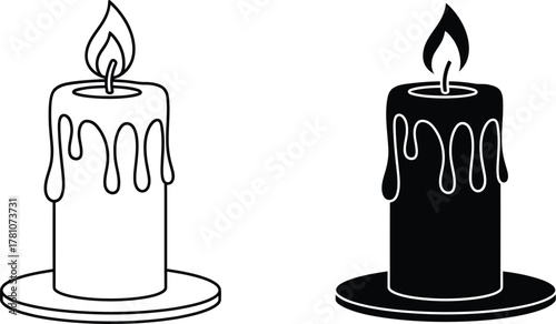 Outline and silhouette burning candle with melting wax vector icon set, isolated graphic illustration.