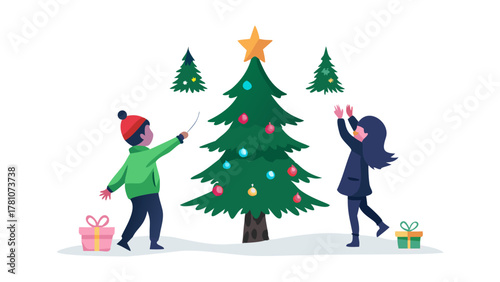 Two children hanging ornaments on a tall Christmas tree, joyful festive moment, winter home silhouette illustration