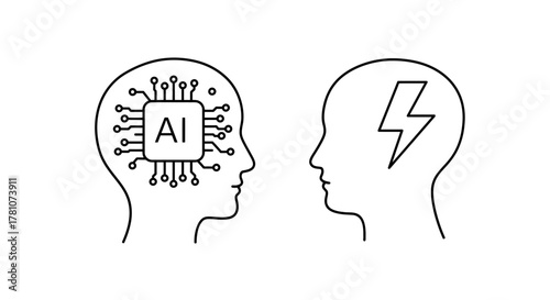 AI Versus Creativity Brain with Chip vs Lightning Bolt