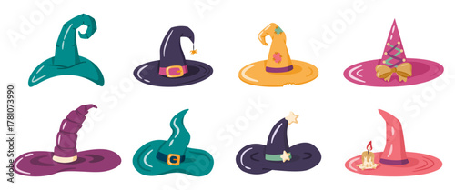Set of cartoon witches and wizards hats with different accessories - belt, bow, patch, stars, candle. Decorative elements for Halloween party isolated on white background. Magic caps