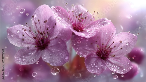 Delicate pink blossoms glisten under numerous clear water droplets in a soft focus setting