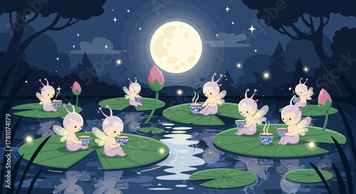Enchanting Gathering of Winged Fairies on Lily Pads Under Moonlight.