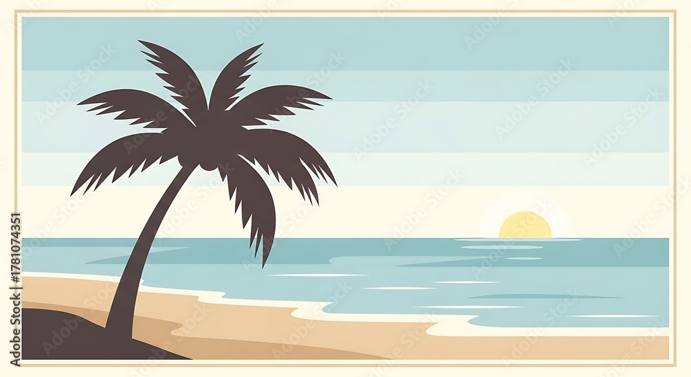 Obraz premium Tropical Beach Sunset with Palm Tree Silhouette and Ocean View.