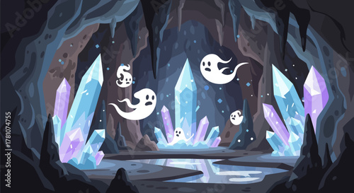 Ethereal Ghosts Amidst Crystalline Formations in a Mystical Cave.