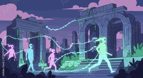 Ethereal Figures in Ancient Ruins - A Journey Through Time.