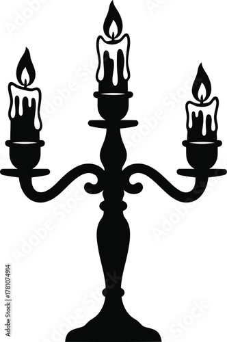 Classic three-arm candelabra with lit candles silhouette vector illustration for elegant design