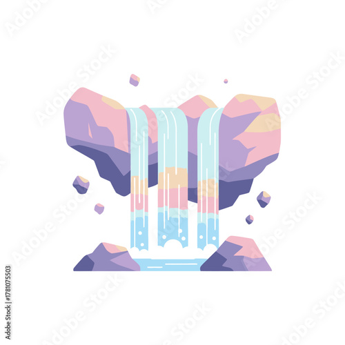 Fantasy Waterfall Landscape with Floating Rocks and Pastel Colors.