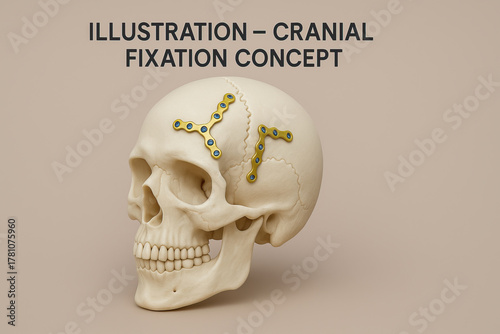 Illustration cranial fixation concept skull with surgical plates and screws showing bone repair and medical reconstruction in neutral studio lighting conveying clinical precision and focus