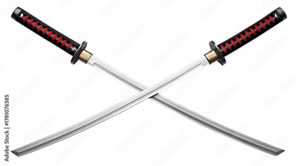Fototapeta premium Katana Two crossed swords are isolated objects of metal and steel on a white background