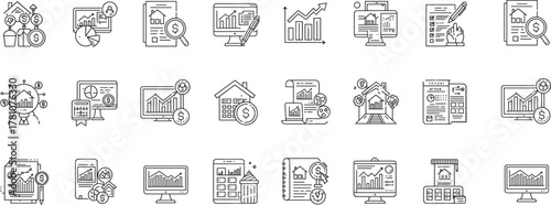 finance, business, data, chart, graph, icon, dollar, house, report, screen, document, market, economy, planning, analytics, financial report, business icon, data chart, market graph, house icon, inves