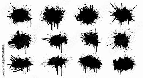 Collection of black ink splatters and paint blots with drips and splashes. Grunge shapes vector illustration