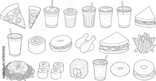Cad drawing flat vector illustration, fast food icons, sushi rolls, pizza slice, burger, drinks, donut, fries, spaghetti plate