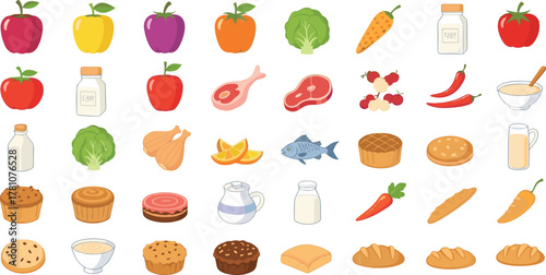 Cad drawing flat vector illustration, food ingredients set, fruits, vegetables, dairy products, baked goods, meat, fish, cooking elements