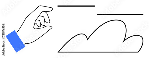 Minimalist hand with blue cuff arranging lines over cloud, symbolizing creativity, problem-solving, organization. Ideal for innovation, idea management, conceptual thinking, planning, balance