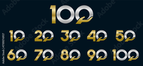 Set of collection numbers 10 to 100 with hand giving elements vector illustration. Caring hands element with numbers 10, 20, 30, 40, 50, 60, 70, 80, 90, 100 for greetings, anniversaries and more.