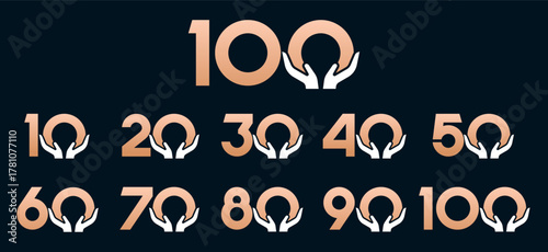 Set of collection numbers 10 to 100 with hand giving elements vector illustration. Caring hands element with numbers 10, 20, 30, 40, 50, 60, 70, 80, 90, 100 for greetings, anniversaries and more.