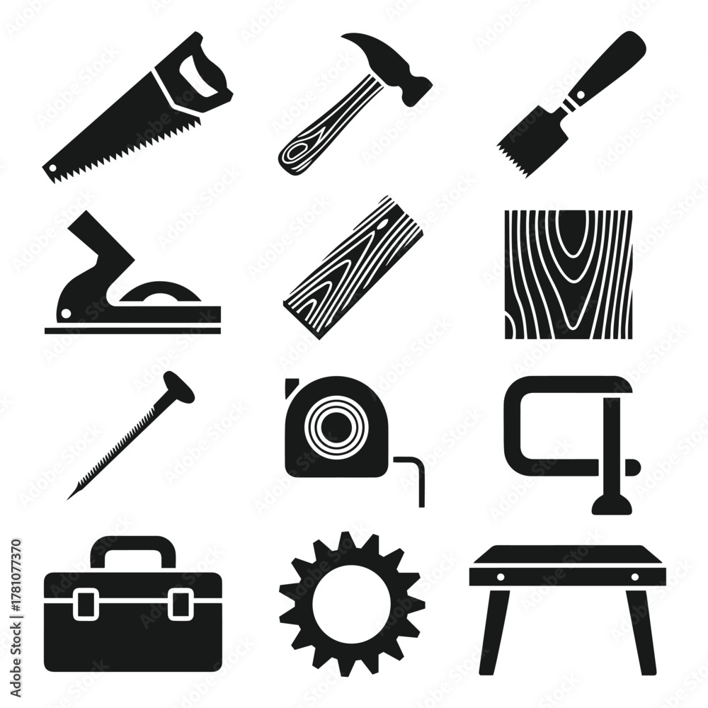 Fototapeta premium Carpentry and Woodworking Tools Silhouette Set – Black and White Vector Icons of Hammer, Saw, Chisel, Wood Texture, and Workshop Equipment