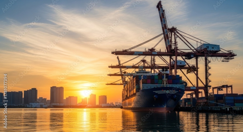 Fototapeta premium A cargo ship docked at a port with cranes and a city skyline in the background.