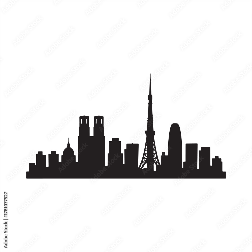 Naklejka premium Black silhouette of Tokyo city skyline with famous tower and urban buildings on white background illustration