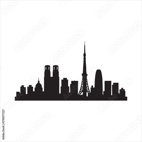  Black silhouette of Tokyo city skyline with famous tower and urban buildings on white background illustration