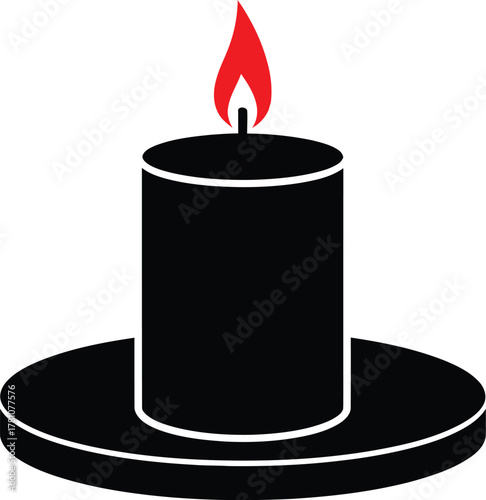 Minimalist black candle icon with a vibrant red flame on a simple, clean background illustration