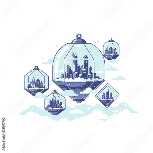 Floating Cityscapes in Glass Orbs - A Whimsical Architectural Illustration.