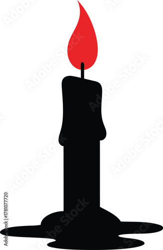 Minimalist black burning candle icon with a vibrant red flame and melted wax drippings.