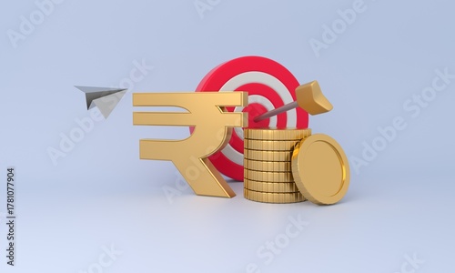 Indian rupee symbol reaching financial goal with paper plane