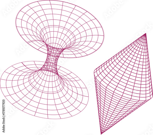 Abstract 3d mathematical visualization of a wormhole and a curved surface with a grid overlay