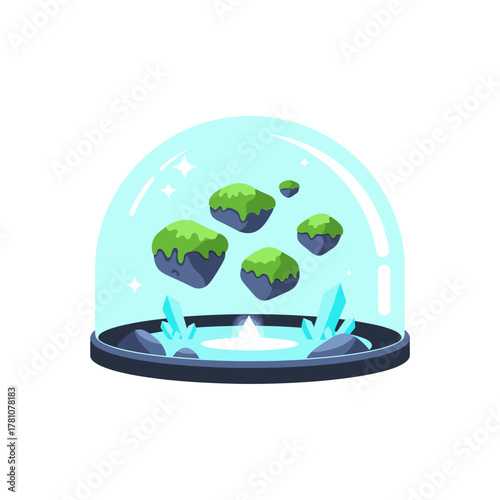 Floating Mossy Rocks in a Dome with Crystals.