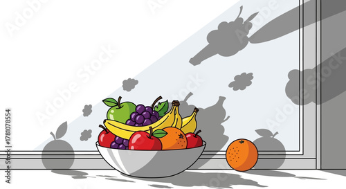 Fruit Bowl Still Life with Apples, Bananas, Grapes, and Orange.