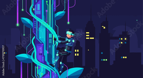 Futuristic Climber on Digital Vine in Cityscape.