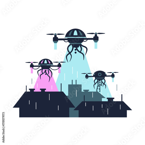 Futuristic Drone Surveillance Over City Buildings with Colorful Light Beams.