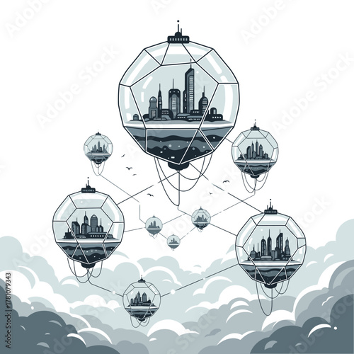 Futuristic Floating City Network in Geodesic Spheres Connected by Cables.