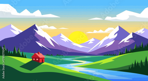 Scenic Mountain Landscape with Red House and River Illustration