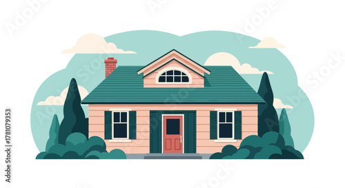 Charming flat design illustration of a cozy family home nestled among lush greenery under a serene sky, perfect for residential real estate and comfortable living concepts