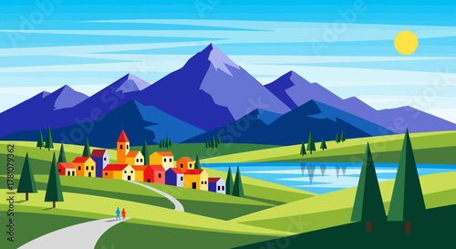 Vibrant geometric landscape illustration featuring a picturesque village nestled between rolling green hills and majestic blue mountains under a bright sun and clear sky