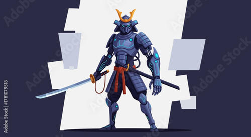 Futuristic Samurai Warrior Robot with Katana Sword and Blue Armor.