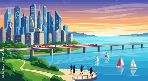 Scenic view of a modern urban city with high-speed rail transport crossing a bridge over a bay at sunset