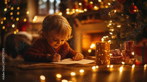 Cute little boy sits at a cozy table writing his letter to Santa by twinkling lights and a decorated Christmas tree, surrounded by presents and warm holiday charm