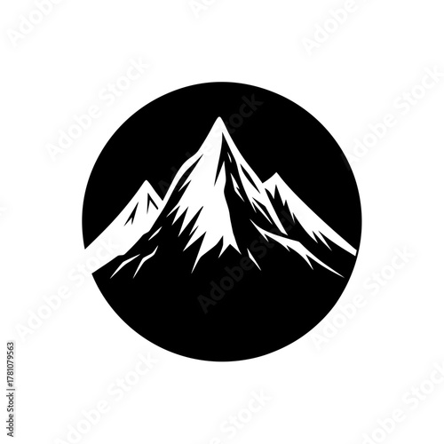 Minimalist mountain peaks icon in circular graphic design logo