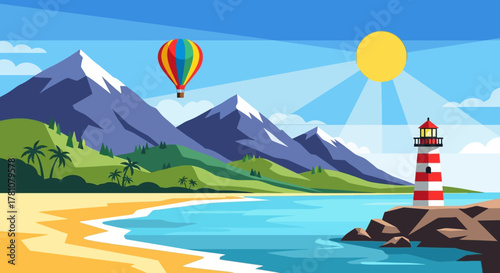 Vibrant coastal landscape illustration featuring majestic mountains, a serene beach, and a charming lighthouse under a sunny sky, with a colorful hot air balloon