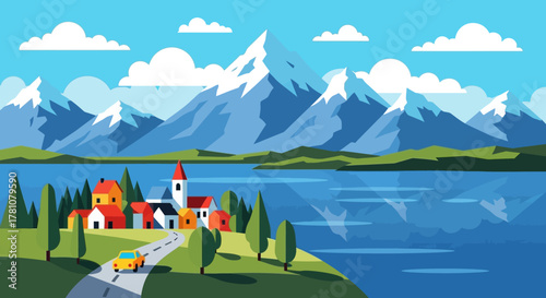 Scenic mountain landscape with a village and a car driving on a road beside a tranquil lake