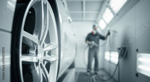 Mechanic working on alloy wheel in car service center — ideal for alloy wheel refurbishment, car care and automotive technology content.