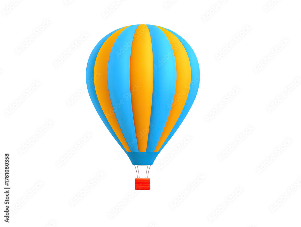 Fototapeta premium Blue and yellow hot air balloon with striped pattern, floating in sky, isolated on transparent background, cheerful and whimsical travel adventure concept