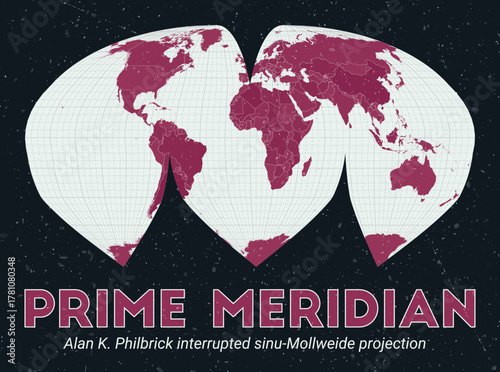 Prime Meridian. World map. Alan K. Philbrick interrupted sinu-Mollweide projection centered to Prime Meridian. Pale Mint Dark Pink palette. Vintage texture. Authentic vector illustration.