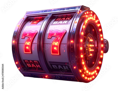 “Modern Digital Slot Reel with Glowing Red 7 Symbols – Transparent Background”
