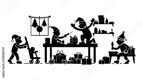 Santa and his elves working joyfully in workshop, surrounded by toys and gifts, cheerful Christmas silhouette scene