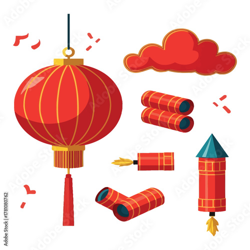 Traditional Chinese New Year Festival Elements with Lantern Fireworks and Red Cloud