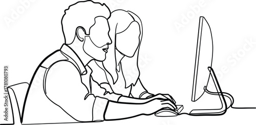A black and white line drawing of a man and a woman sitting side-by-side at a desk, both looking at a computer screen. The man is on the left, and the woman is on the right. 